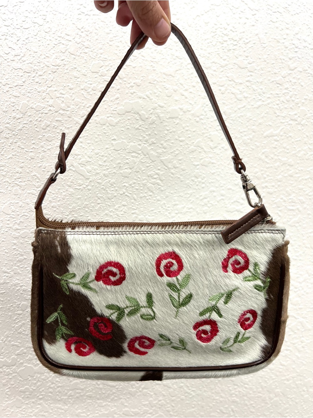 Gianfranco Sisti Cowhide Leather Handbag with Embroidered Roses Made in Italy